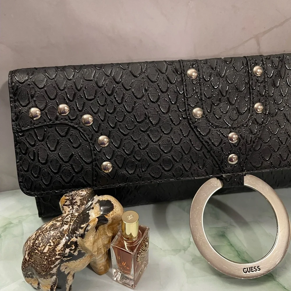 Guess Vintage Black Snake Skin Envelope Clutch Purse Y2K